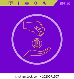 hand give bitcoin to other hand  line vector icon on a violet background. Flat design style