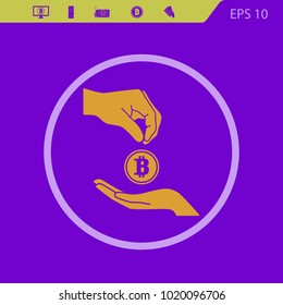 hand give bitcoin to other hand  vector icon on a violet background. Flat design style