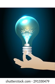 Hand give blue lamp light. Vector illustration. idea Concept