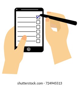 Hand give a Checklist at Smartphone, Isolated on White
