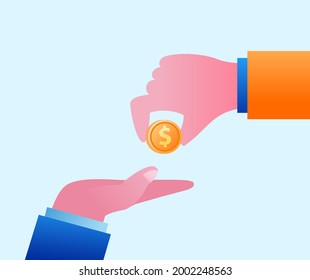 Hand give a coin to another hand. reward concept flat vector illustration 