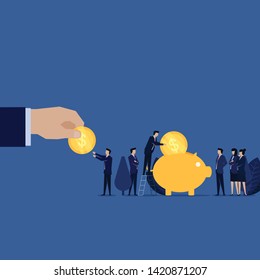 Hand give coin to businessman put on piggy bank metaphor of saving and investment. Illustration For Wallpaper, Banner, Background, Book Illustration, And Web Landing Page.