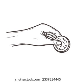 Hand give coin, money hand drawn doodle illustration