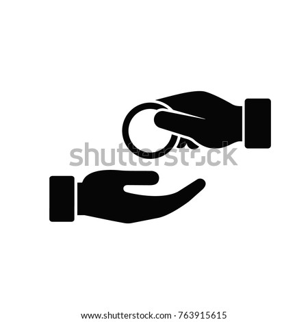 Hand give coin money to other hand icon. Vector silhouette simple illustration.