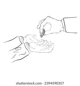 Hand geben Münze zu anderen, Vektorhandzeichnen Skizze doodle reichen Mann Hand geben eine Spende an eine arme
