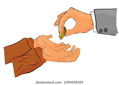 hand give coin to other, vector hand draw sketch doodle rich man hand give a donation to a poor one
