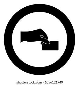 Hand give electronic card black icon in circle