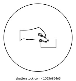 Hand give electronic card black icon in circle