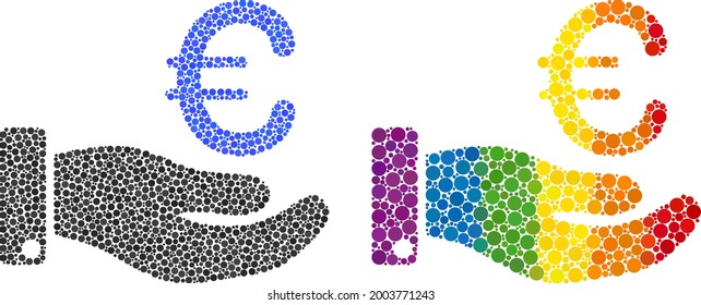 Hand give euro composition icon of round dots in different sizes and spectrum color shades. A dotted LGBT-colored hand give euro for lesbians, gays, bisexuals, and transgenders.