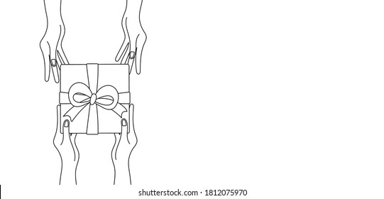Hand give a gift box to hand, black line pattern on white background with space for your text. Hand drawing. Cartoon style. Design for Holiday Christmas, Anniversary, Birthday. Vector illustration.