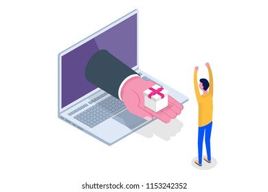 Hand give Giftbox, Present with red ribbon. Vector isometric illustration.