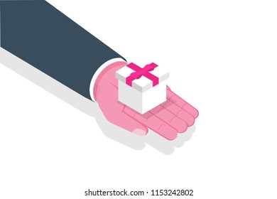 Hand give Giftbox, Present with red ribbon. Vector illustration.