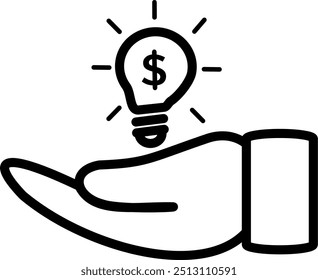 Mano dar idea de bombilla con icono de dólar. Icono de la idea de hacer dinero. Diseño de Vector reemplazable.