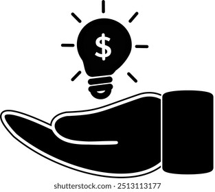 Lâmpada de dar ideia da mão com ícone de dólar. Ícone de ideia de ganhar dinheiro. Design de vetor substituível.