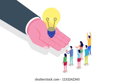 Hand give idea. Success, Teamwork isometric concept. Vector illustration.