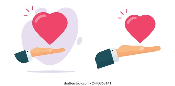 Hand give love heart icon vector graphic, palm taking like donation illustration set, idea of kindness goodness gift, charity support flat cartoon, receiving help present image clip art
