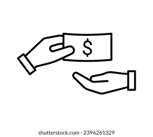 Entrega de mano dinero, icono de línea. Mano sosteniendo el dólar. Fraude y soborno. Ilustración del vector