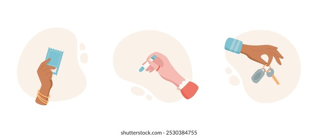 Hand give and receive various items in cartoon graphic style. Symbol of gesture and exchange, showcasing human interaction hold. Flat icon set for diverse concepts, ideal for educational materials