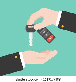 Hand give remote car key to other hand, flat design vector