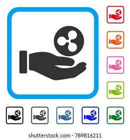 Hand Give Ripple Coin icon. Flat grey pictogram symbol in a blue rounded squared frame. Black, gray, green, blue, red, orange color additional versions of Hand Give Ripple Coin vector.