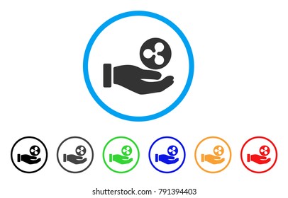 Hand Give Ripple Coin rounded icon. Style is a flat grey symbol inside light blue circle with additional colored variants. Hand Give Ripple Coin vector designed for web and software interfaces.