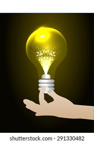 Hand give yellow lamp light. Vector illustration. idea Concept