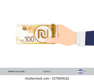 Hand gives 100 Israeli New Shekel Banknotes. Flat style vector illustration. Salary payout or corruption concept.