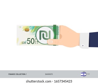 Hand gives 50 Israeli New Shekel Banknotes. Flat style vector illustration. Salary payout or corruption concept.