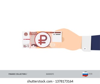 Hand gives 5000 Russian Ruble Banknotes. Flat style vector illustration. Salary payout or corruption concept.