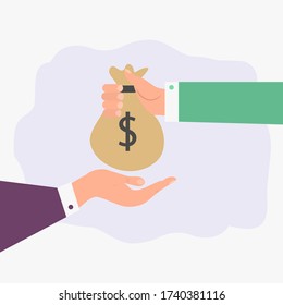 The Hand Gives A Bag Of Money To The Other Hand, Payment, Credit, Financial Services, Small Bankers Are Working, Saving Up Or Accumulating Money. Colorful Vector Illustration