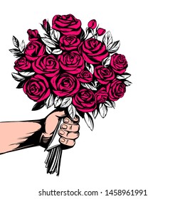 hand gives a bouquet of flower roses, greeting card hand drawn vector illustration realistic sketch