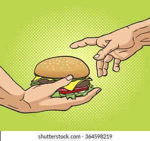 Hand gives a burger to other hand pop art style vector illustration. Comic book style imitation. Classic art painting imitation. Funny image with burger