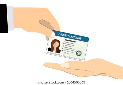 Hand gives Car driver license identification card with photo. Vector illustration in flat style.