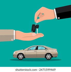 Hand gives car keys to another hand. Buy, rental or lease car. Exhibition pavilion, showroom or dealership with grey sedan car, Vector illustration in flat style