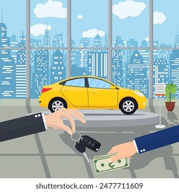 hand gives car keys to another hand. buy, rental or lease a car. Exhibition Pavilion, showroom or dealership with yellow car, vector illustration in flat style. Hand holding money