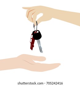 Hand gives car keys to a receiving hand. To buy, to rent or to lease a car illustration.