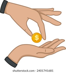 A Hand Gives a Coin to Another Hand. Symbol of Help, Donation, Charity. Help the Poor