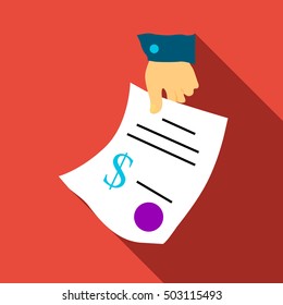 Hand gives contract icon. Flat illustration of hand gives contract vector icon for web