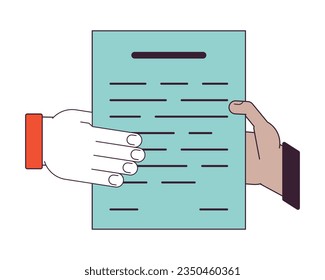 Hand gives document to hand flat line color isolated vector object. Share information. Editable clip art image on white background. Simple outline cartoon spot illustration for web design