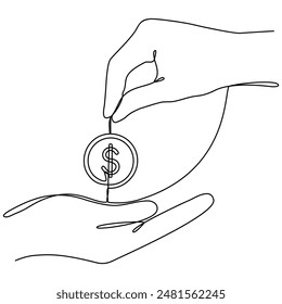 Hand gives dollar coin continuous one line drawing art. Savings and investment money concept. Vector illustration isolated on white.