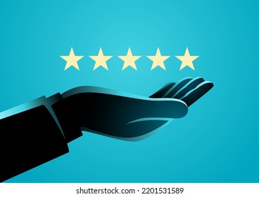 Hand gives five stars rating, customer review, quality control, rating of quality, service concept vector illustration