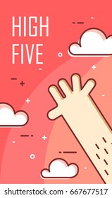 Hand gives five. Thin line flat design. Vector banner.