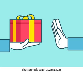 Hand Gives Gift Box, Shows Stop Gesture. Expensive Present, Decline Gift, Stop Corruption Concept. Simple Style Vector Illustration