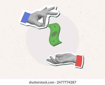 A hand gives a green banknote. Vector illustration in a modern collage style