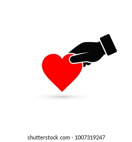 Hand gives heart icon in flat style. Giving love concept, donate concept.