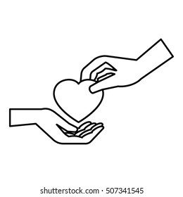 Hand gives heart icon. Outline illustration of hand gives heart vector icon for web