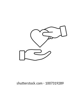 Hand gives heart line icon in flat style. Giving love concept, donate, health concept.