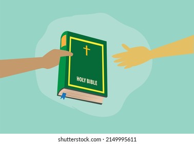 A hand gives a Holy Bible to another hand. Editable Clip Art.