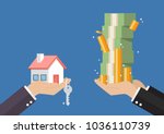 Hand gives home and key to other hand with money cash. rental or lease a car