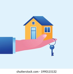 Hand gives home and a key. rental or lease. Conceptual property for sale, real estate conceptual vector illustration.
